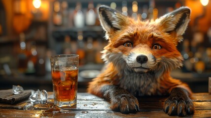  Close-up of a fox beside a glass on a table, bar in background
