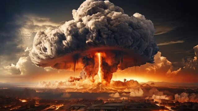 Atomic bomb apocalyptic scenario. Nuclear explosion with mushroom cloud over megapolis skyscraper landscape