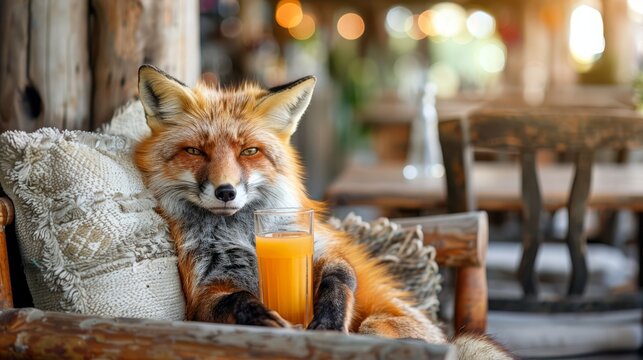   A fox closely seated on a chair, holding a glass of orange juice in its paws
