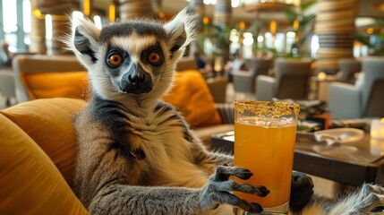   A lemur up-close, seated on a couch, holds a glass of orange juice - obrazy, fototapety, plakaty