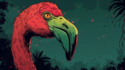 Vibrant cartoon illustration of an anthropomorphic flamingo in a tropical setting
