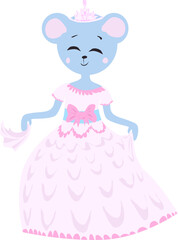 Cartoon Mouse Princess in Pink Ball Gown with Handkerchief in Hand. Vector illustration girl mouse fluffy dress with ruffles and with a teara on her head. cartoon character character be background