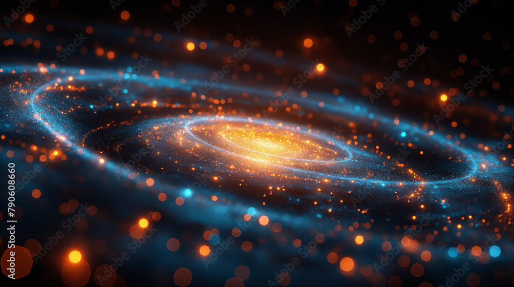 Poster abstract futuristic background with glowing lines and planet orbit on black space background. glowin