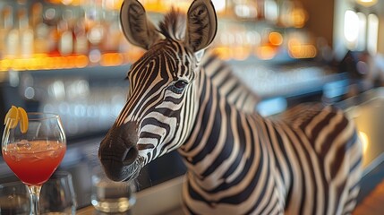 Fototapeta premium A tight shot of a zebra's head next to a wine glass A wine glass with a drink on a table