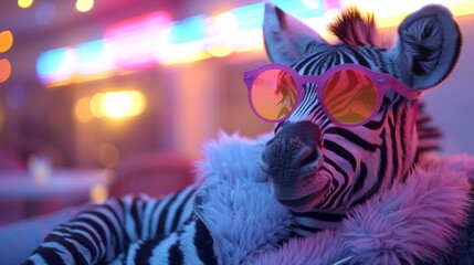 Obraz premium A zebra with sunglasses wears its head, a neon sign lies in the background