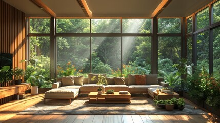   A spacious living room boasts numerous windows, inviting daylight, and a substantial centrally positioned couch Amidst this welcoming setting, various plants adorn the furniture