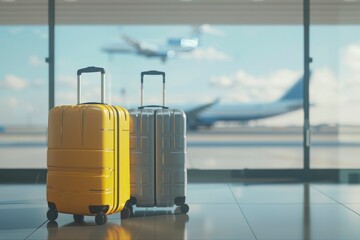 Two luggage placed side by side on the airport floor in a 3D render.