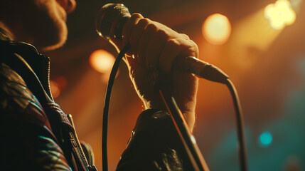Microphone and male singer close up. man singing into a microphone, holding mic with hands. Close Up of Karaoke Microphone. Stage Spotlight.