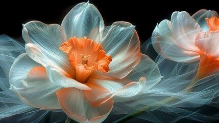   Two orange and white tulips are situated in the middle of a monochrome image against a black background - obrazy, fototapety, plakaty