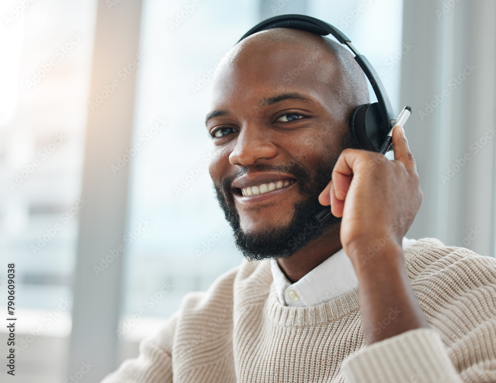 Poster Portrait, headset or happy black man in call center talking, consulting or networking in telecom office. Smile, sales agent or virtual assistant in communication or conversation at customer service