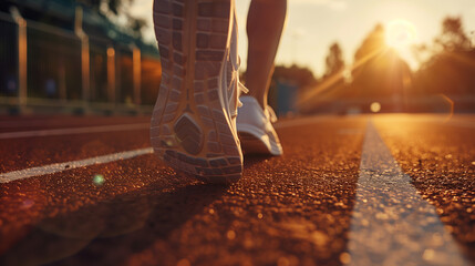 closeup woman feet running on road in the park,  Sporty women shoe running on the road