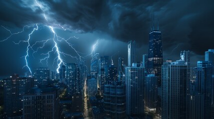 Urban Waterfront and Lightning, Night Skyline Scene