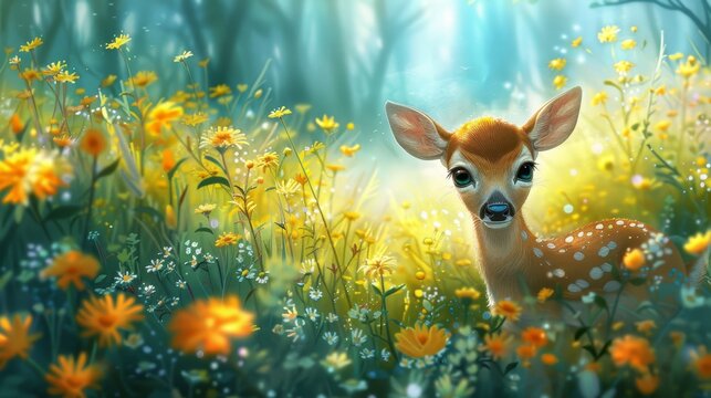  A deer painted in a field of wildflowers, surrounded by a forest in the background