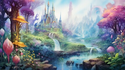 Whimsical scene of a crystal-clear fairy realm filled with vibrant colors 