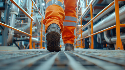 close up Factory worker wearing safety shoe and working uniform. Suitable for industrial concepts. engineer walking at Industry factory