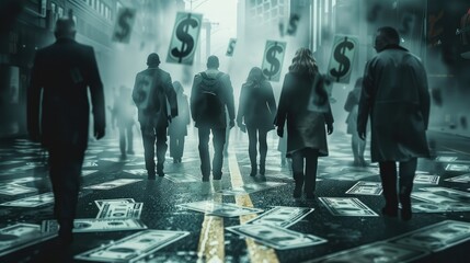 Individuals walking along a shadowy road adorned with dollar signs, depicting the journey of greed. Generative AI.