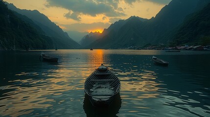   A boat floats on a body of water, as the sun sets behind mountain ranges in the sky