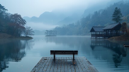   A bench sits on a dock, facing a body of water A house is situated on the nearby shore, and mountains loom in the background