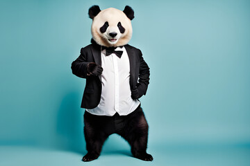 Anthropomorphic friendly panda wearing suit formal business suit against blue backdrop
