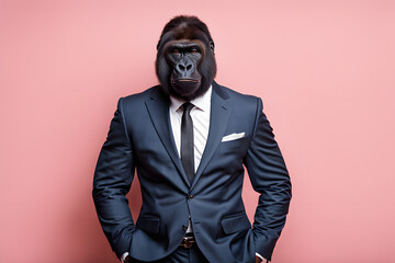 Anthropomorphic friendly gorilla wearing suit formal business suit against pink backdrop