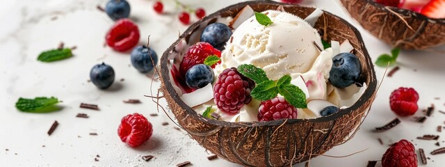 An open coconut shell-shaped bowl of ice cream topped with fresh berries, mint leaves, and coconut shavings.