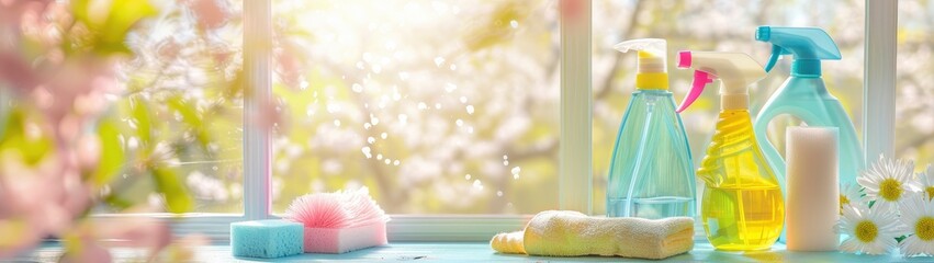  cleaning product image with vibrant sponges, rags, and spray bottles on a table close to a window. - obrazy, fototapety, plakaty