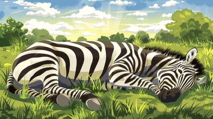   A zebra reclines in a verdant field, surrounded by tall trees and dotted with patches of grass The backdrop includes a blue sky adorned with fluffy clouds