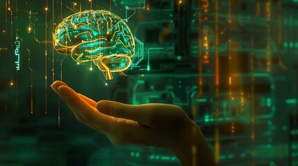 A circuit board resembling an electronic brain with gyrus is depicted, with the symbol of AI hanging over a hand. This symbolizes computer neural networks or artificial intelligence in a neon cyberspa