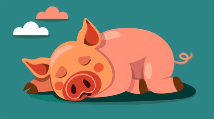   A pig resting on the ground, head down and eyes closed, beneath a sky backdrop