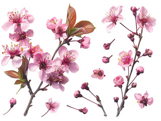 Set of branches of blooming cherry blossoms