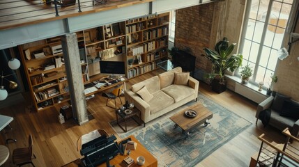 Chic Loft Living Space with Modern Furnishings and City Views - obrazy, fototapety, plakaty