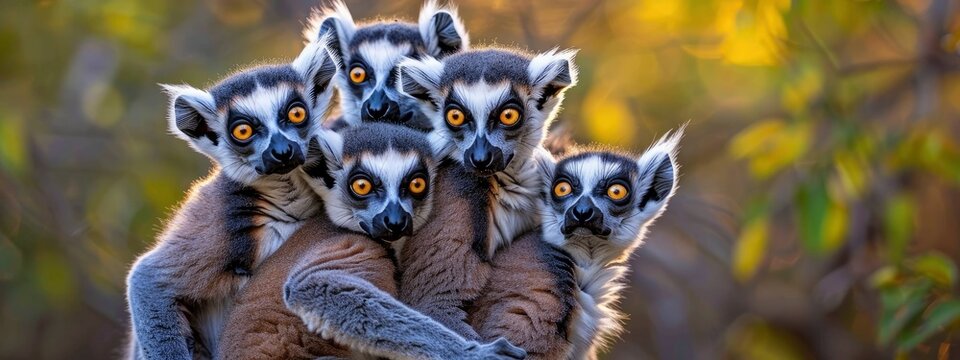 A bunch of ring tailed lemurs sitting on one anothers backs, their yellow eyes fixed on the camera.