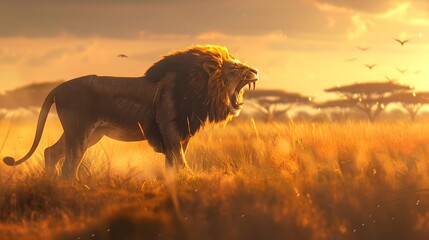 Majestic Lion Roaring Across Vast African Savanna at Dramatic Sunset - obrazy, fototapety, plakaty
