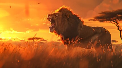 Majestic Lion s Powerful Roar Echoes Across the Vast African Savanna at Sunset - obrazy, fototapety, plakaty