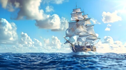 Majestic Sailing Ships Billowing Sails in D and D Styles Across Open Ocean