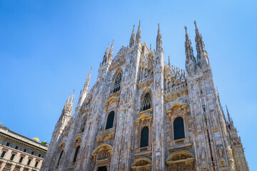 Cathedral Duomo di Milano with spires on Piazza del Duomo square in historical city centre with...