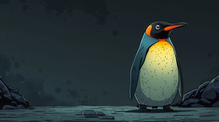 Artistic illustration of a glowing anthropomorphic penguin standing under a starry sky - obrazy, fototapety, plakaty