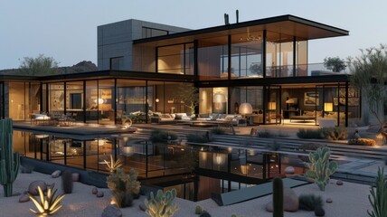 Obraz premium Exterior view of multiple modern house. Architecture 3d rendering of minimal modern house with natural landscape. Perspective of modern House background.