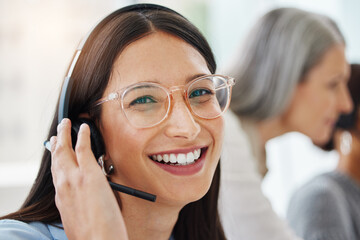 Fototapeta premium Portrait, headset or happy woman consulting in call center talking or networking online in telecom support. Smile, agent or virtual assistant in communication or conversation at customer services