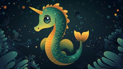 Enchanting cartoon sea dragon in a mystical underwater setting