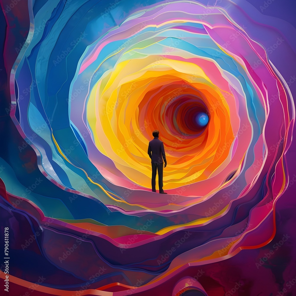 Poster navigating the mesmerizing vortex of contemplative thoughts in a vibrant surreal landscape