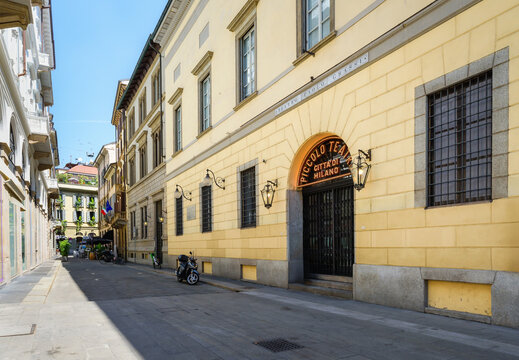 Milan, Italy - June 24, 2023: Historic medieval building Piccolo Teatro Grassi. A small theater in the center of Milan. Milan on a sunny summer day