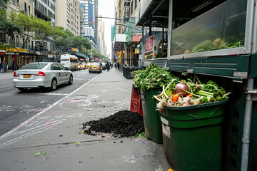 Composting bins on a city street. An urban composting program.