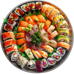 Decorated sushi platter with various rolls