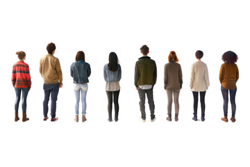 A group of people are standing in a line on transparent background.