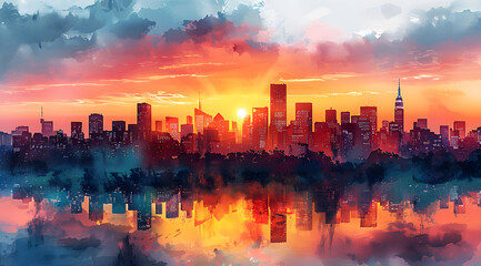 Sunset Cityscape Canvas: Fusion of Pre-Painted Outlines and Personal Artistry - obrazy, fototapety, plakaty