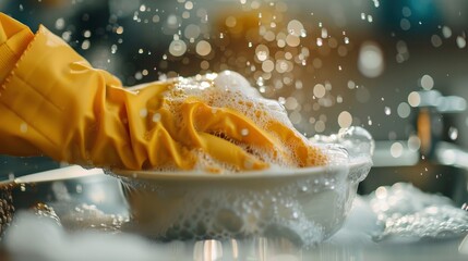 A close-up of hands cleaning dishes in the kitchen sink while donning yellow rubber gloves, surrounded by froth and bubbles