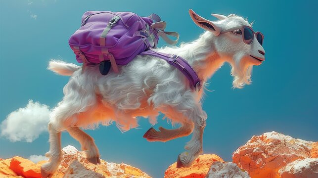 A stylized white goat wearing a purple backpack and cool sunglasses. The goat is dynamically jumping across a series of floating. Generative AI.