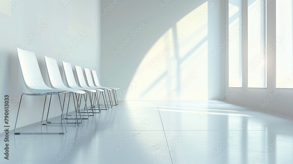 Aufkleber empty white space, white chairs placed at regular intervals. generative ai.