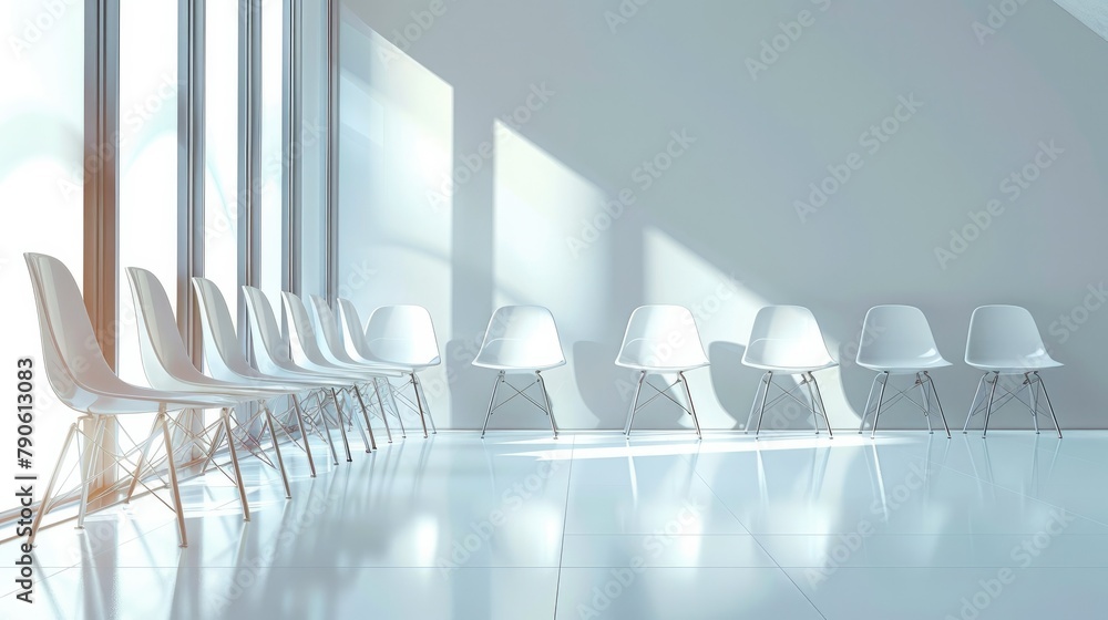 Poster Empty white space, white chairs placed at regular intervals. Generative AI.